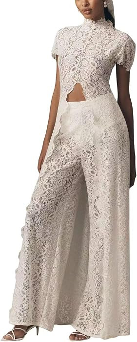 Women's Dressy 2 Piece Outfits, Lace Crochet Embroidery Button Down & Crop Tops With High Waist W... | Amazon (US)