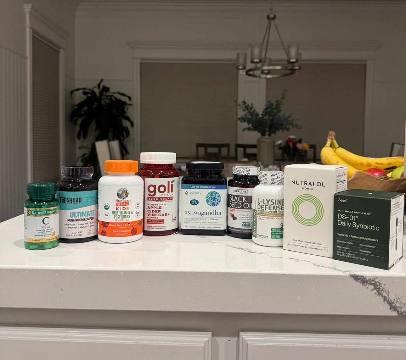 My daily supplement routine 

Nature’s Bounty Vitamin C (500 mg)
• Boosts immune system
• Supports collagen for skin and joints
• Antioxidant protection
• Aids iron absorption

FreshCap Ultimate Mushroom Complex
• Strengthens immunity
• Improves focus and energy (Lion’s Mane, Cordyceps)
• Supports gut and brain health
• Reduces stress and fatigue

MaryRuth’s Kids Multivitamin + Probiotics
• Provides essential vitamins for growth
• Aids digestion and nutrient absorption
• Strengthens immunity and energy

Goli Apple Cider Vinegar Gummies
• Promotes gut health and digestion
• Supports metabolism and appetite control
• Helps balance blood sugar
• Provides antioxidant support

Youtheory Ashwagandha (1,000 mg)
• Reduces stress and anxiety (it’s amazing!) 
• Balances cortisol
• Enhances energy, focus, and sleep
• Supports mood and brain health

Healths Harmony Black Seed Oil
• Boosts immune system
• Reduces inflammation
• Promotes healthy skin, hair, and nails
• Supports respiratory and digestive health

Healthies L-Lysine Defense+
• Supports immune response 
• Aids collagen and tissue repair
• Helps calcium absorption and bone strength
• Promotes muscle recovery

Nutrafol Women
• Encourages hair growth and strength
• Reduces stress- and hormone-related hair thinning
• Improves scalp and follicle health
• Supports skin and nail quality

Seed DS-01 Daily Synbiotic
• Balances gut microbiome
• Enhances digestion and regularity
• Improves nutrient absorption
• Supports immune and skin health

⸻

Would you like me to trim this further into a clean one-line summary per supplement (perfect for labeling or a quick reference sheet)?