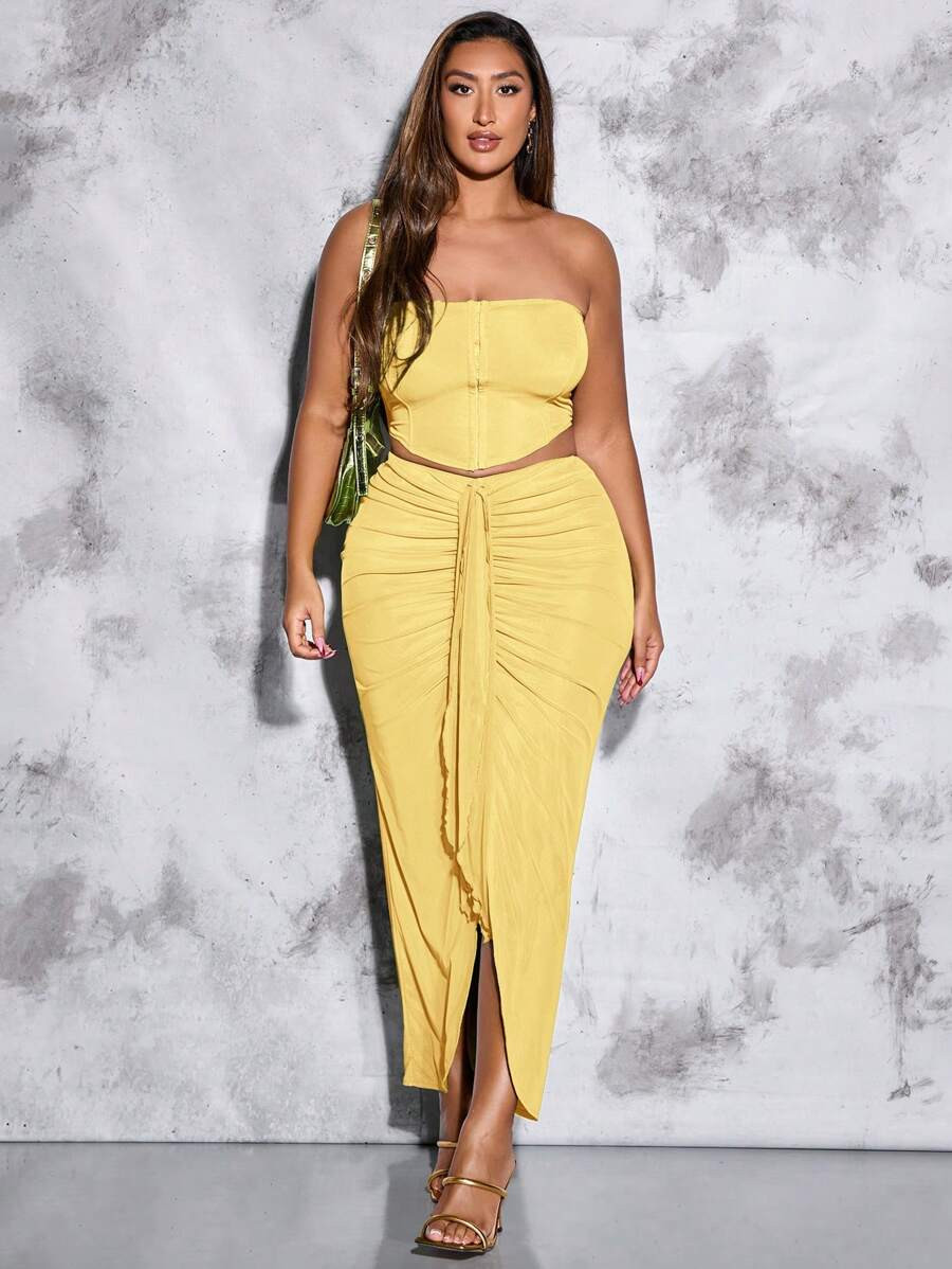 SHEIN BAE Plus Size Women's Ruffle Trim Cropped Tube Top & A-Line Long Skirt 2 Pieces Summer Dres... | SHEIN
