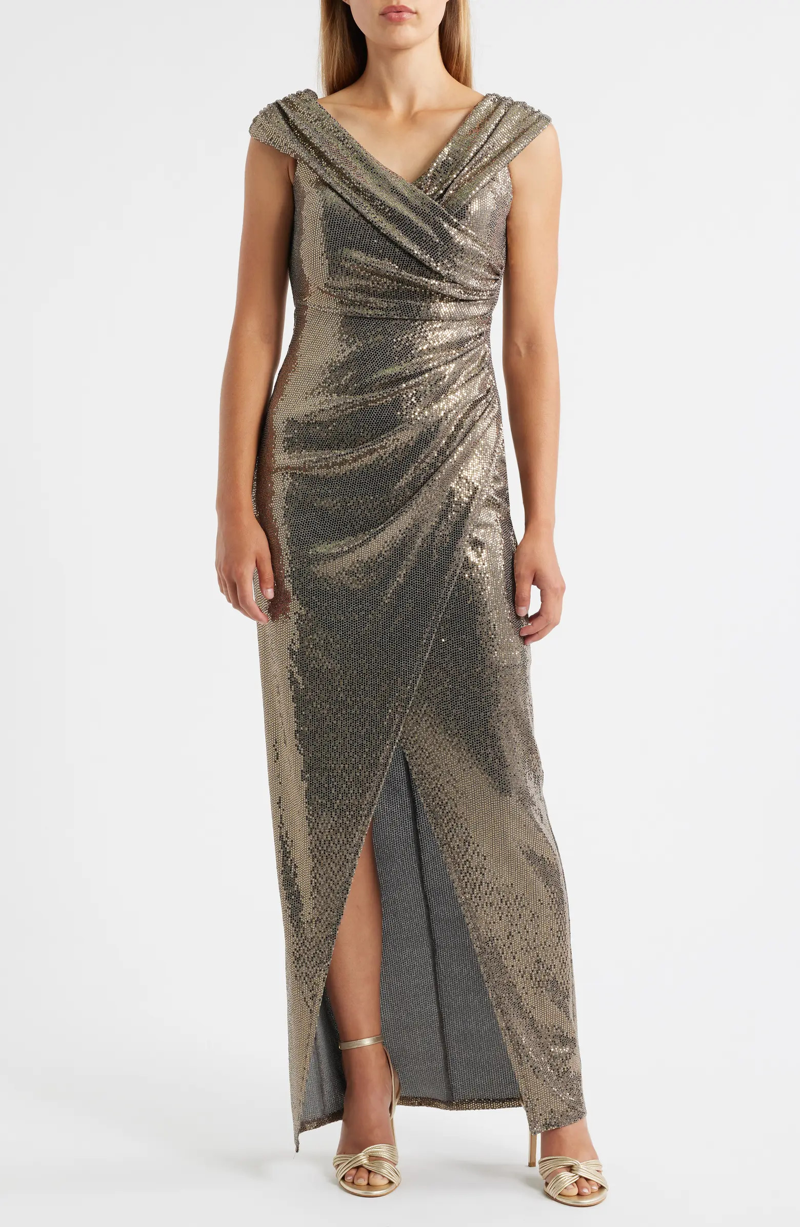 Vince Camuto Foil Knit Draped Off the Shoulder Sheath Gown | Nordstrom | Nordstrom