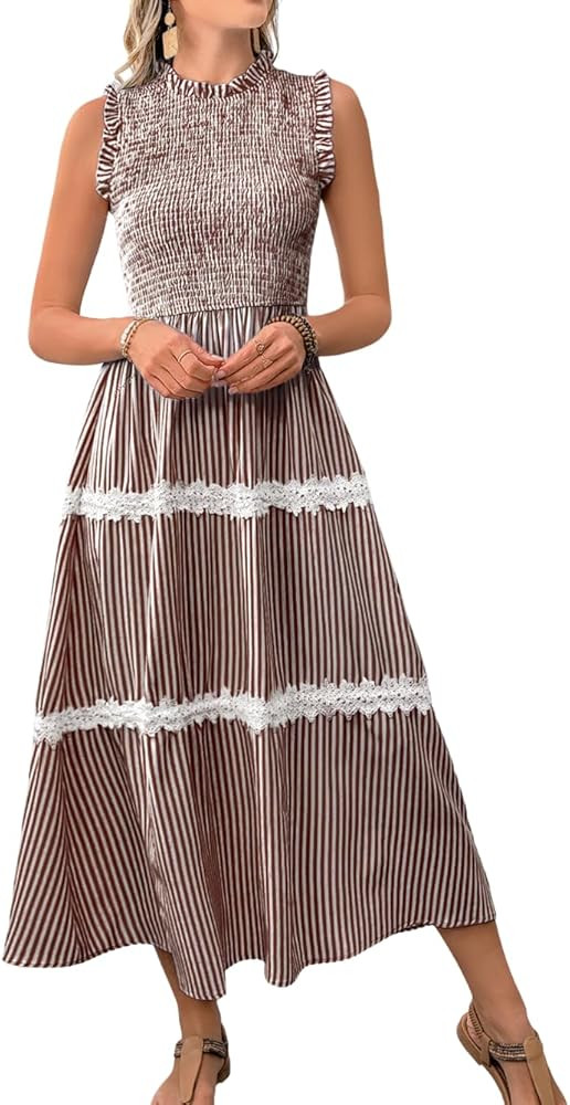 Casual Striped Midi Dress,Sleeveless Smocked Flowy Tiered Dress,Womens Sundress Easter Summer Vac... | Amazon (US)