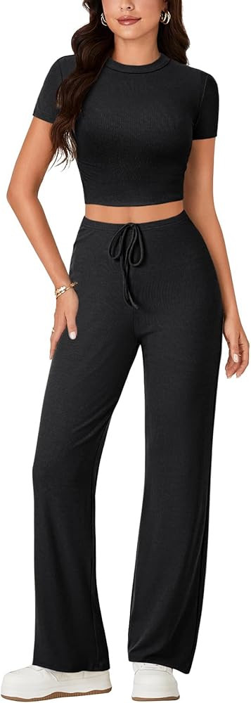 Rooscier Women's 2 Piece Outfits Lounge Sets Short Sleeve Crop Tops and Wide Leg Pants Tracksuit ... | Amazon (US)