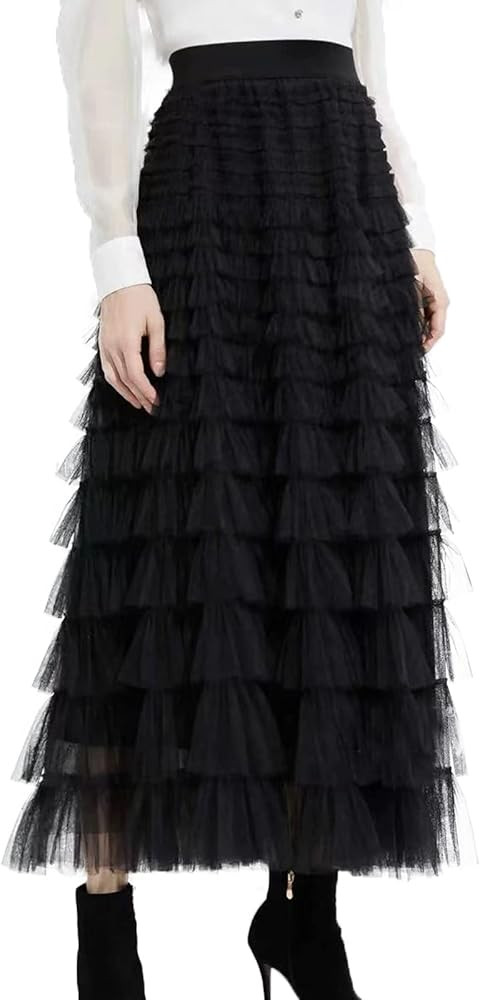 Women’s Multilayer Ruffles Tulle Skirt Pleated High Waist Fluffy Maxi Skirt Fairy Cake Dress Lo... | Amazon (US)