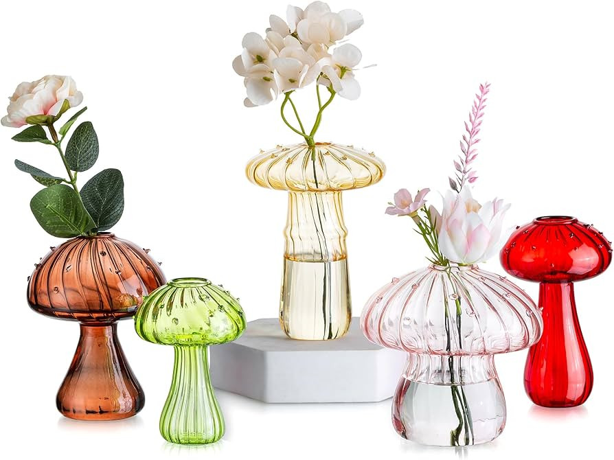 Glasseam Mushroom Flower Vase, Cute Colored Glass Vase Set of 5, Unique Bud Small Vase for Flower... | Amazon (US)
