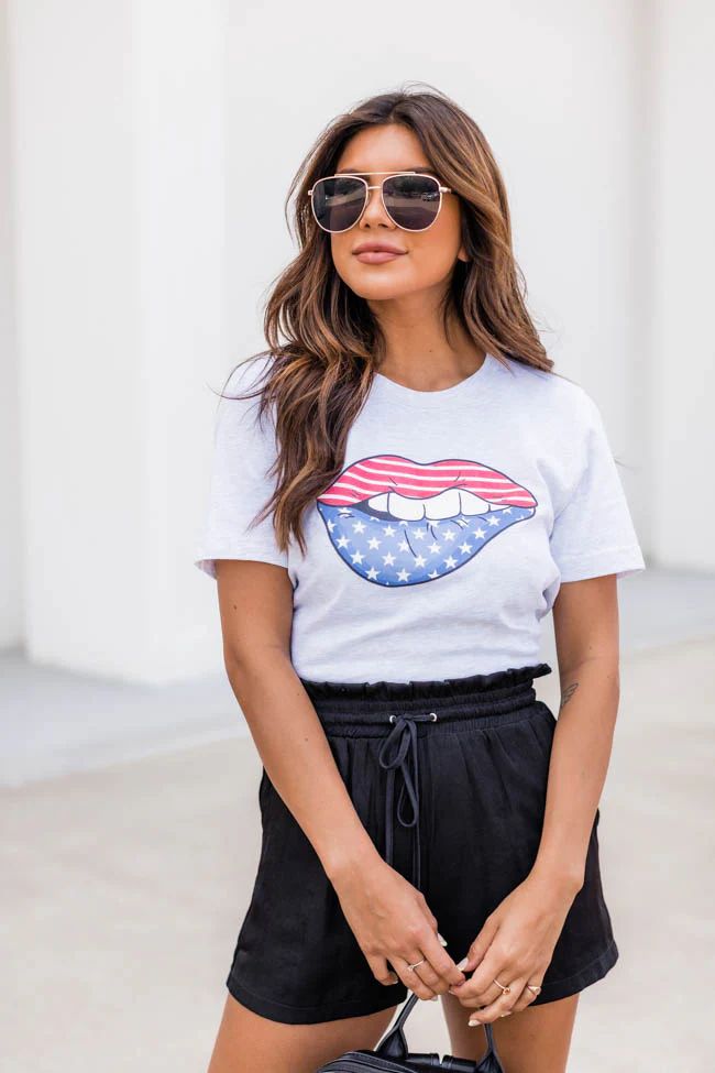 USA Flag Lips Graphic Tee Ash | The Pink Lily Boutique