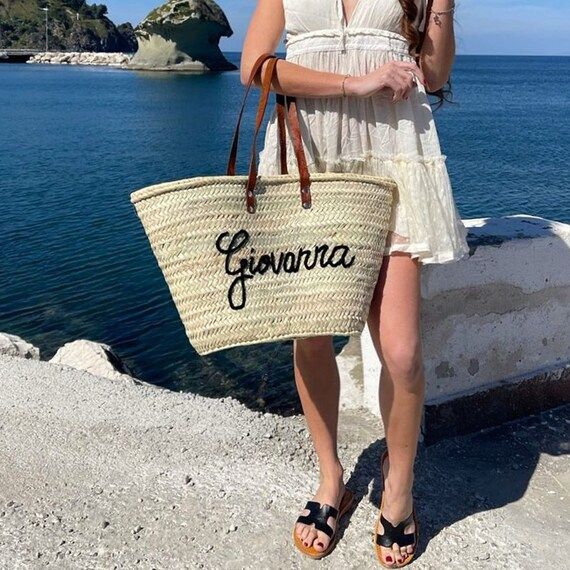 Monogrammed Baskets Straw Bag With Natural Leather Handle | Etsy | Etsy (US)