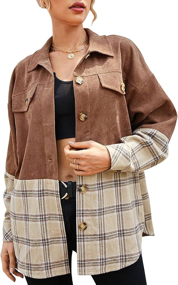 Coutgo Women's Plaid Shirts Long Sleeve Button Down Cardigan Color Block Oversized Corduroy Shack... | Amazon (US)