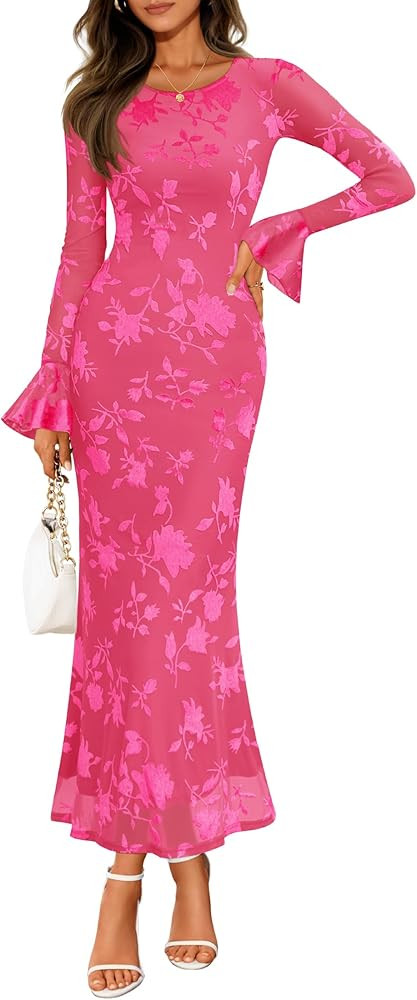 ZESICA Women's 2026 Bell Long Sleeve Floral Maxi Dress Fall Fashion Bodycon Mesh Wedding Guest Co... | Amazon (US)