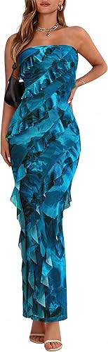 BTFBM Spring Dresses for Women 2025 Strapless Maxi Ruched Bodycon Floral Ruffle Cocktail Formal W... | Amazon (US)