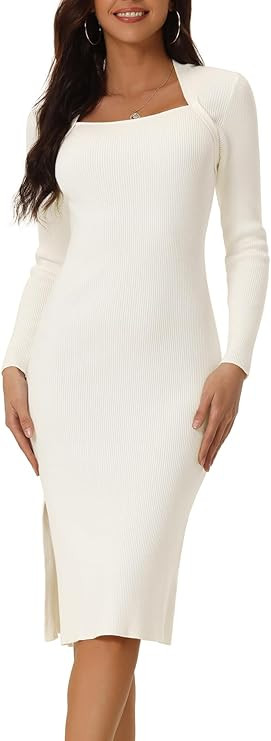 Seta T Women's Spring Fall Slit Hem Long Sleeve Ribbed Knit Dresses Square Neck Sweater Dress | Amazon (US)