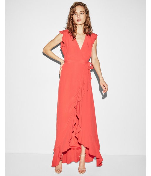 Express Womens Ruffle Wrap Maxi Dress Red Women's Xxs Red XXS | Express