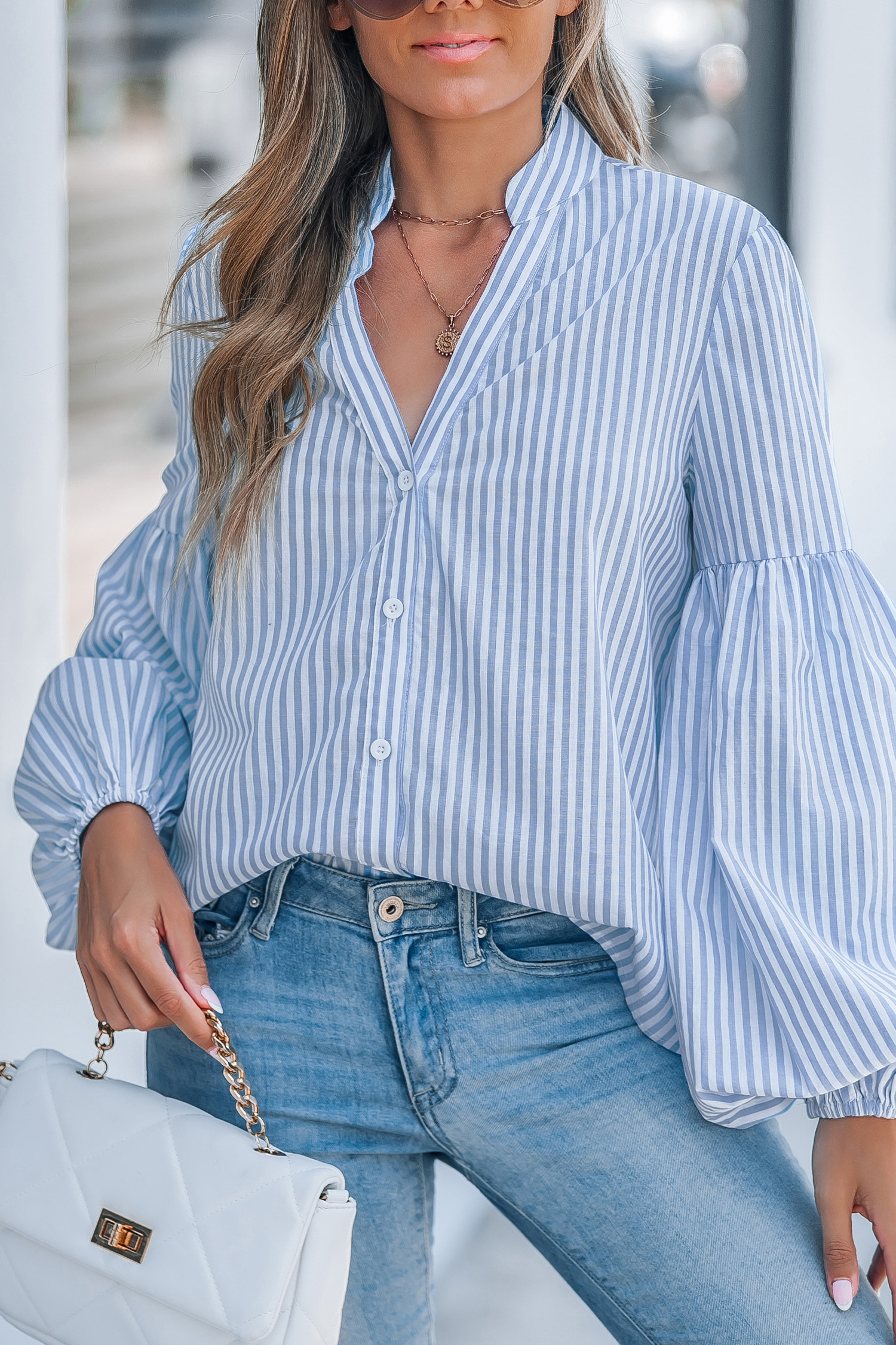 Blue Striped Front Button Puff Sleeve Blouse | Cupshe US