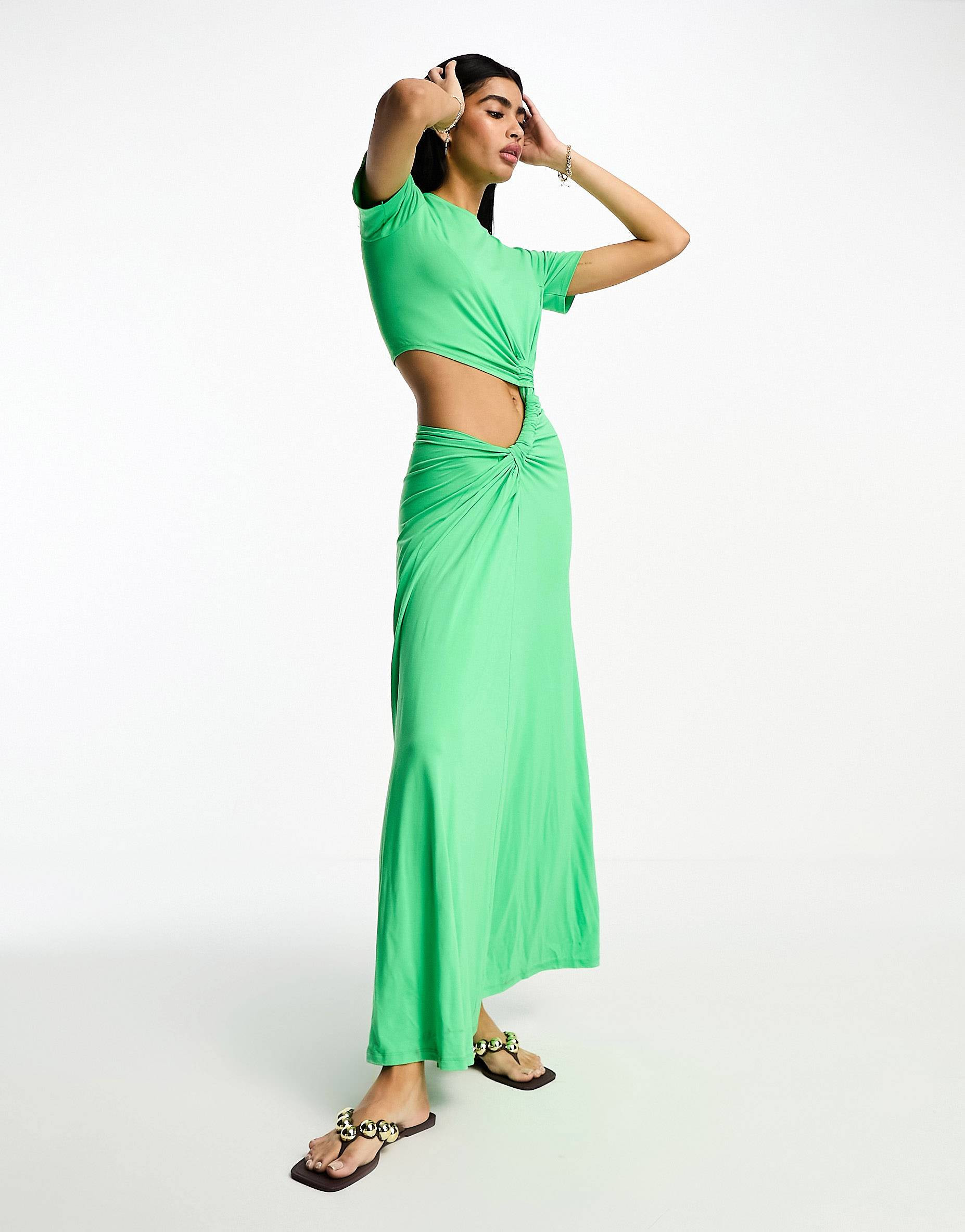 ASOS DESIGN t-shirt maxi dress with cut out back and ruched detail in apple green | ASOS (Global)