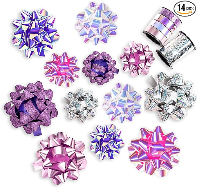 WRAPAHOLIC 14 Pcs Gift Bows Assortment - 12 Multi Colored Assorted Size Gift Bows (Purple, Pink, ... | Amazon (US)