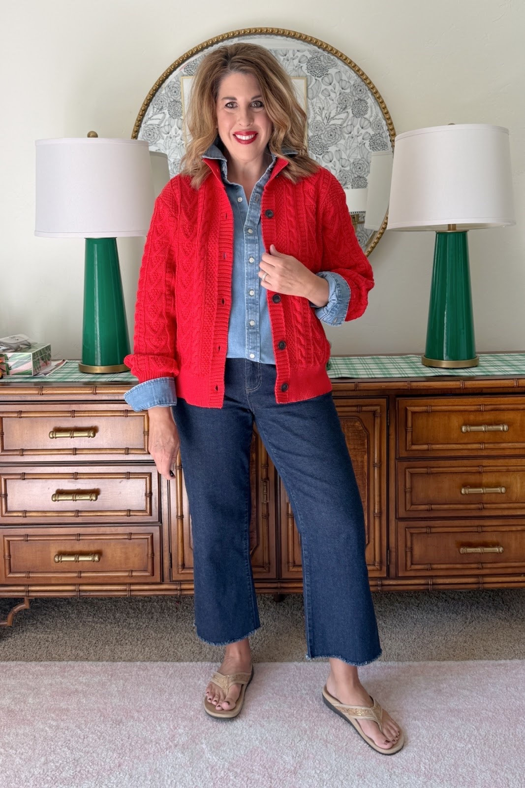 &17 cotton blend cable cardigan- so soft and love the red! Perfect denim shirt and $14 elastic waist jeans.