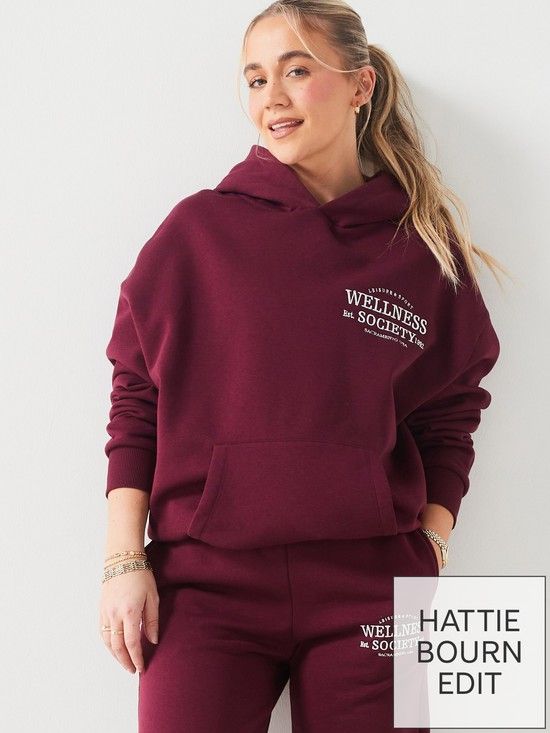 X Hattie Bourn Embroidery Oversized Hoodie Co-ord - Maroon | Very (UK)