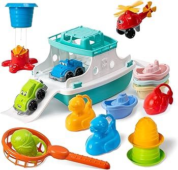 Ferry Boat Toys Set with Helicopter 2 Cars | Baby Bath Toys for Toddlers with Stacking Cups | Bab... | Amazon (US)