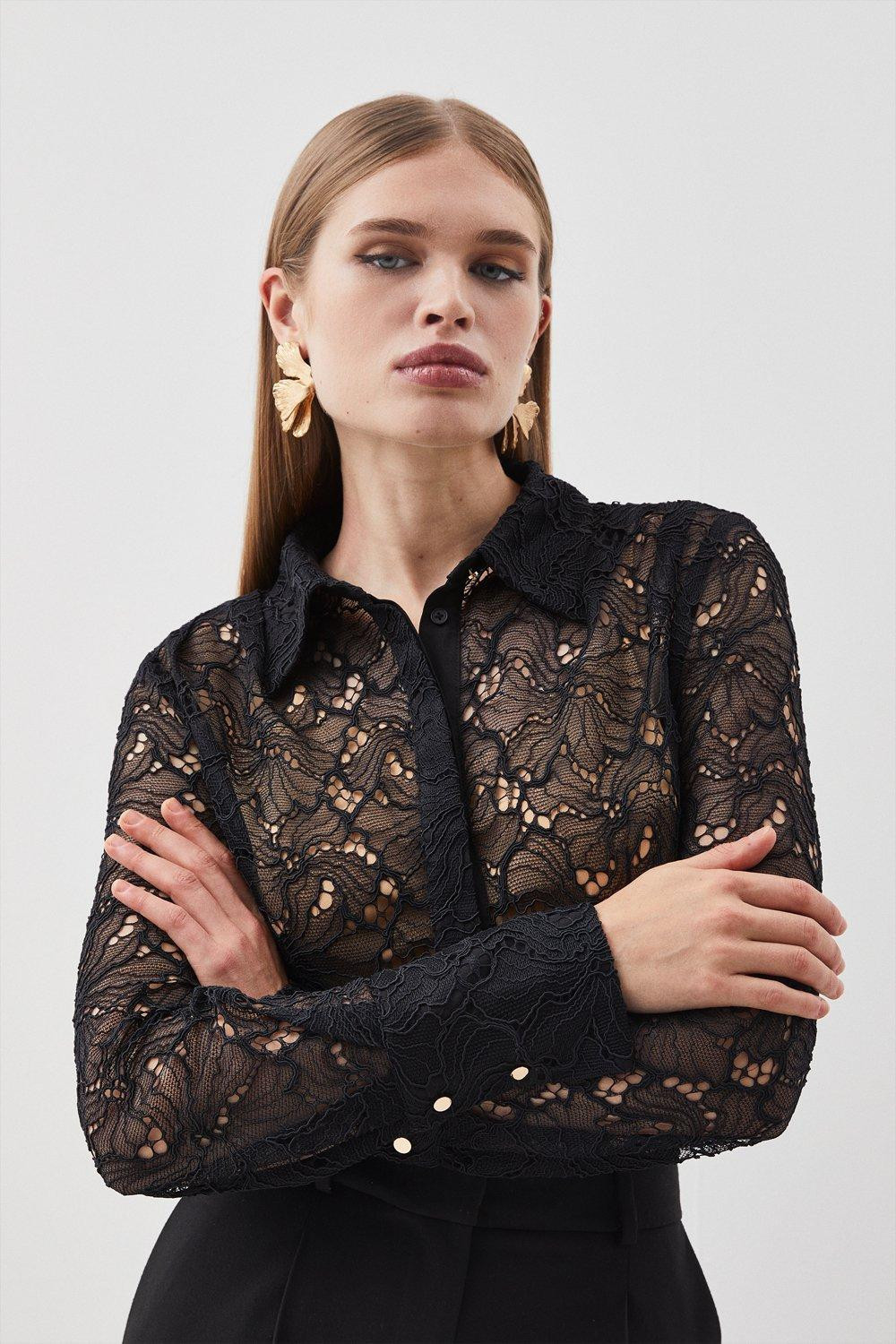 Lace Button Down Woven Shirt | Karen Millen UK + IE + DE + NL