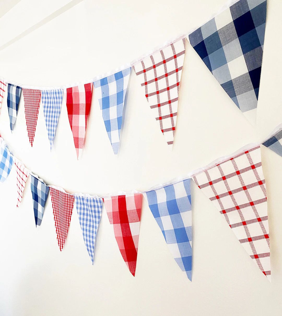 Picnic Gingham Banner, Bunting, Red, White and Blue Fabric Pennant Garland Flags, Vintage Style P... | Etsy (US)