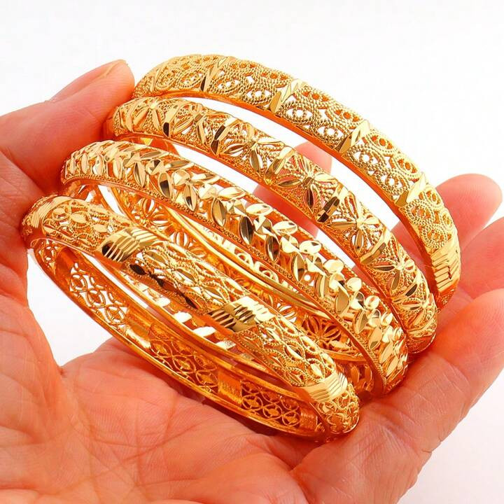 1pc Copper Plated 18k Gold Vintage Hollow Out Flower Carved Open Cuff Bracelet For Women, Festiva... | SHEIN