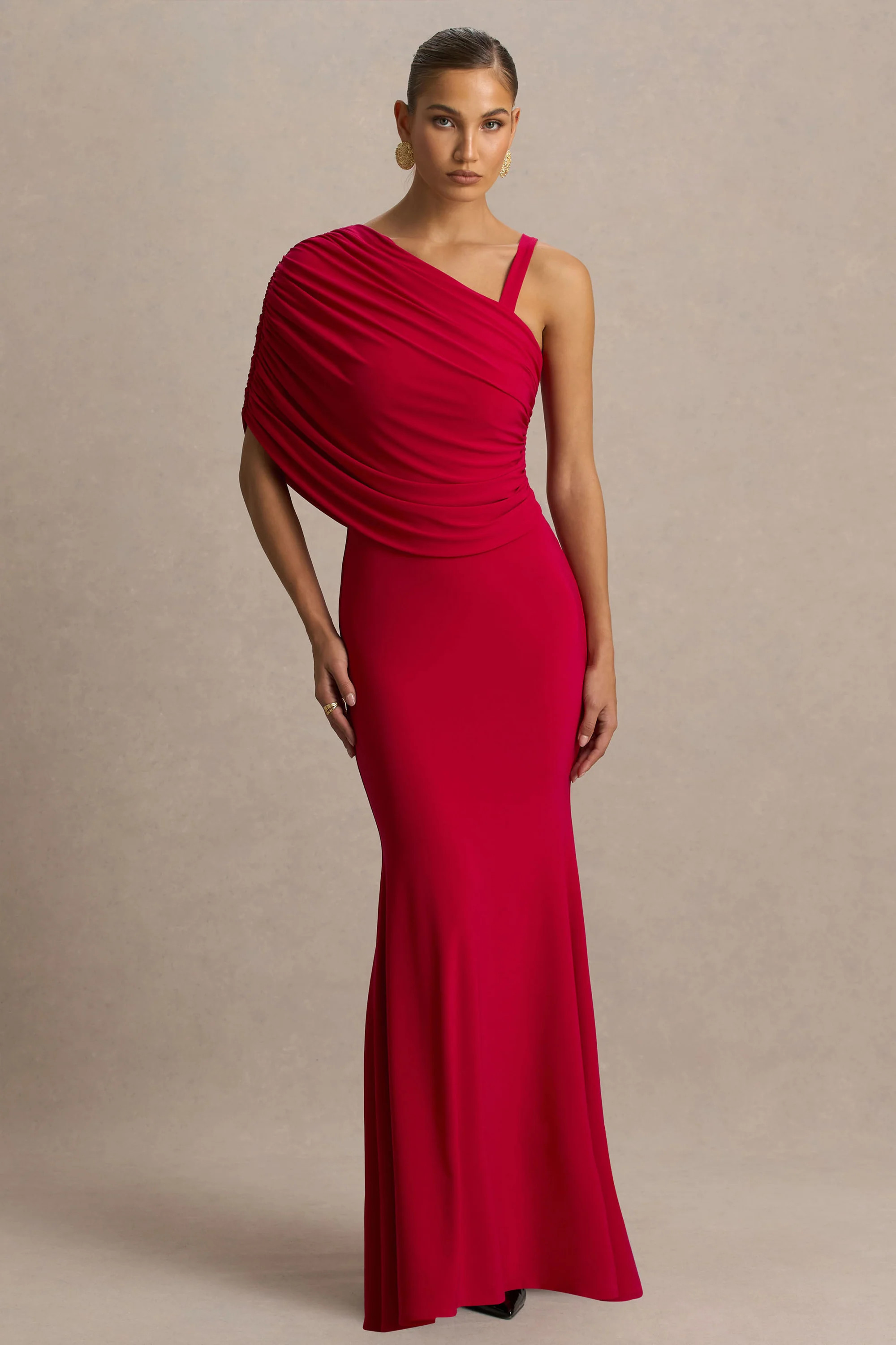 Sylvie | Red Asymmetric-Neck Maxi Dress | Club L London