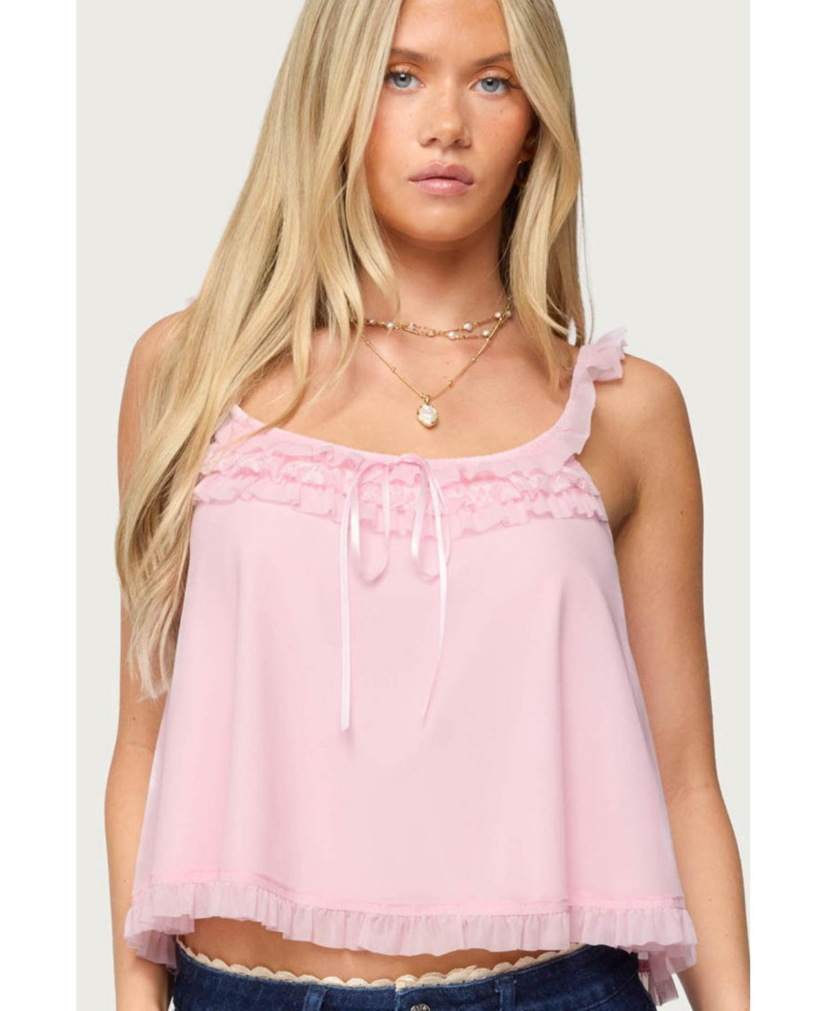 Edikted Women's Ruffle Mesh Babydoll Tank Top - Light-pink | Macy's