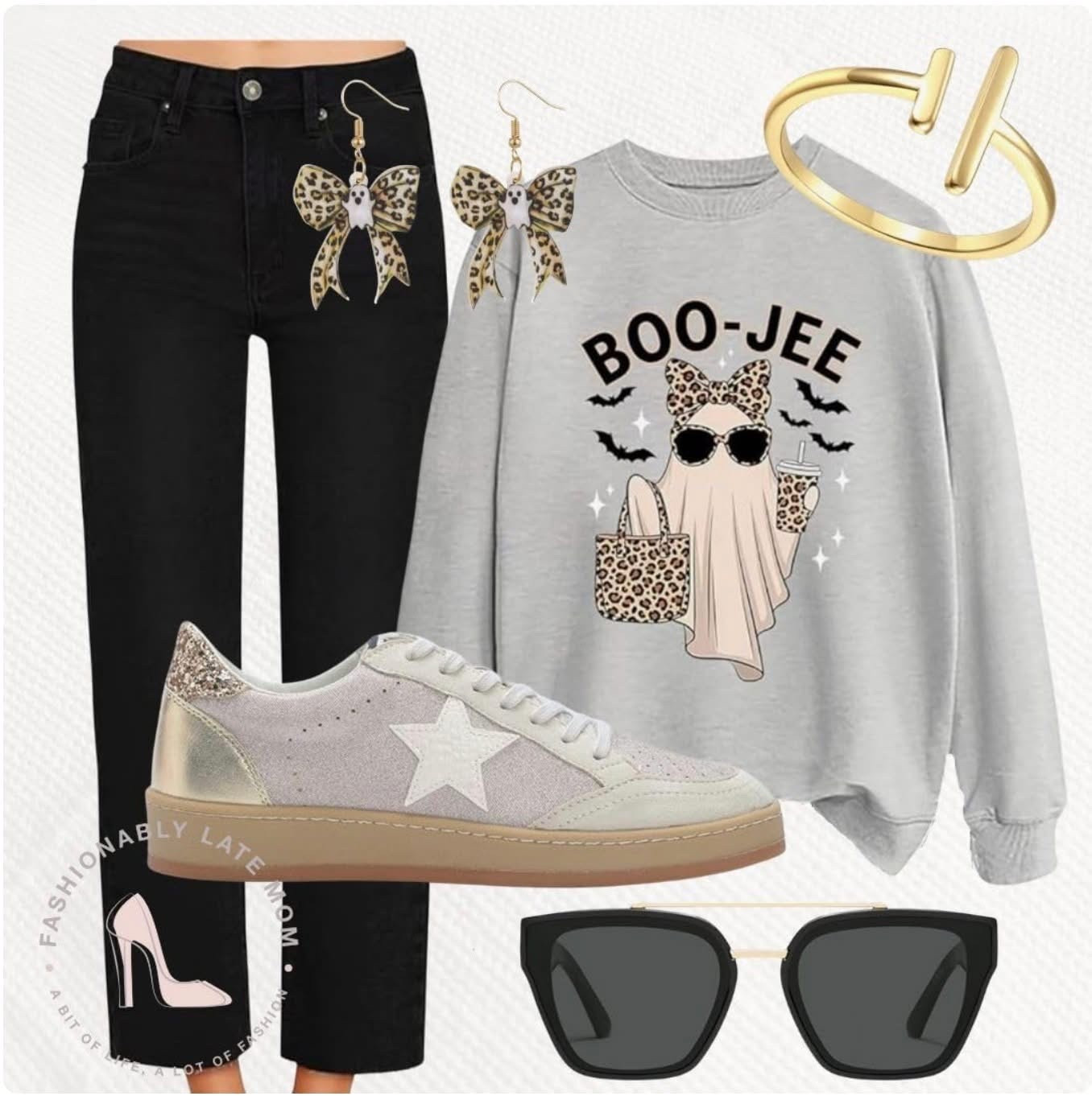 Halloween outfit inspiration. 

Fashionablylatemom. 
Trendy outfits. 
Graphic tee. 
Spooky cute sweatshirt. 
Womens crewneck. 
Cute ghost cheetah sweatshirt. 
Cheetah details. 
Womens denim. 
Black jeans. 
Cropped jeans. 
Straight leg jeans. 
Women’s sunglasses. 
Square lens shades. 
Oversized lens. 
Gold plaited bracelet. 
Gold jewelry. 
Gold bracelet. 
Cute earrings. 
Halloween earrings. 
Ghost earrings. 
Cheetah detailed earrings. 
Bow earrings. 
Womens shoes. 
Golden goose dupe. 
Star sneakers. 
Sparkle details  

#LTKHalloween #LTKStyleTip #LTKShoeCrush