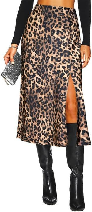 Women's Side Slit A Line Satin Midi Skirt Elastic High Waisted Cheetah Leopard Print Silk Long Sk... | Amazon (US)