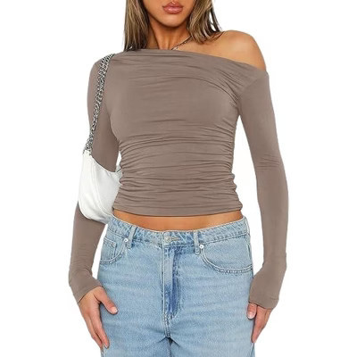Clearlove One Off Shoulder Long Sleeve Tops for Women Ruched Going Out Crop Shirts Slim Blouse - Brown,Medium | Target