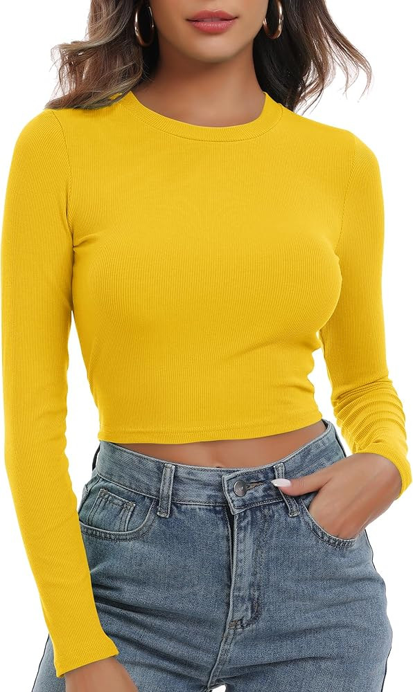 Artfish Women's Round Neck Long Sleeve Knit Ribbed Fitted Crop Top Casual Basic Shirts | Amazon (US)