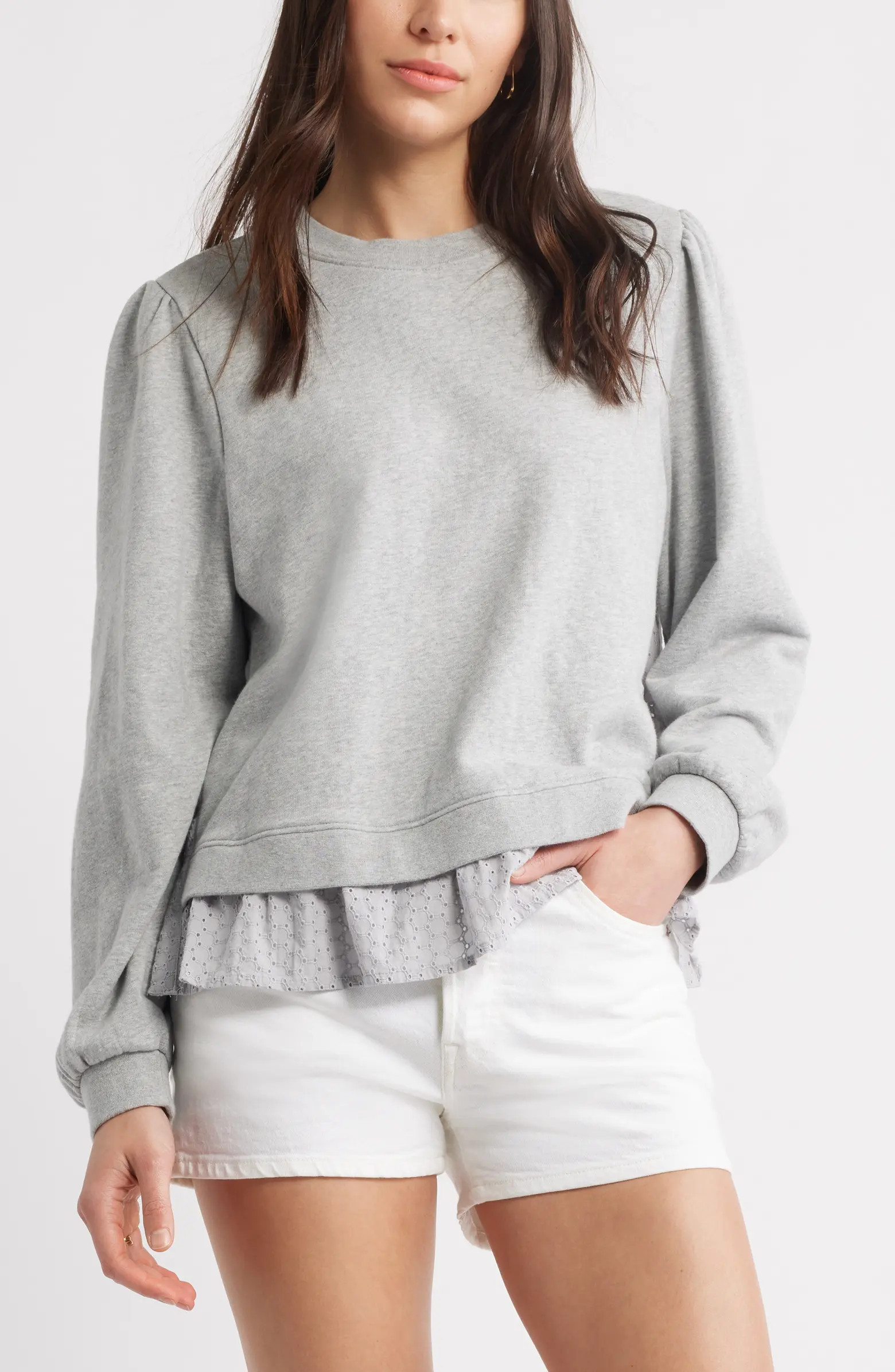 Caslon® Puff Shoulder Mixed Media Sweatshirt | Nordstrom | Nordstrom