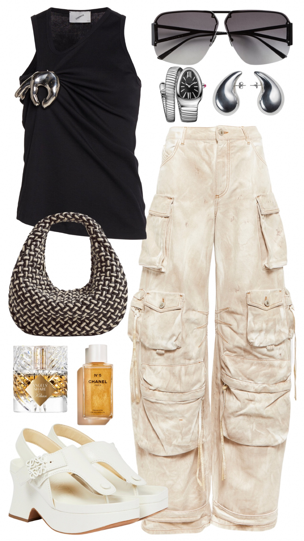 coperni top 
the attico cargo pants 
loewe sandals 
bottega veneta sunglasses 
bottega veneta bag 
bulgari serpenti watch 
bottega veneta earrings 
kilian angels share perfume 
chanel body oil

#LTKstyletip #LTKbeauty #LTKshoecrush