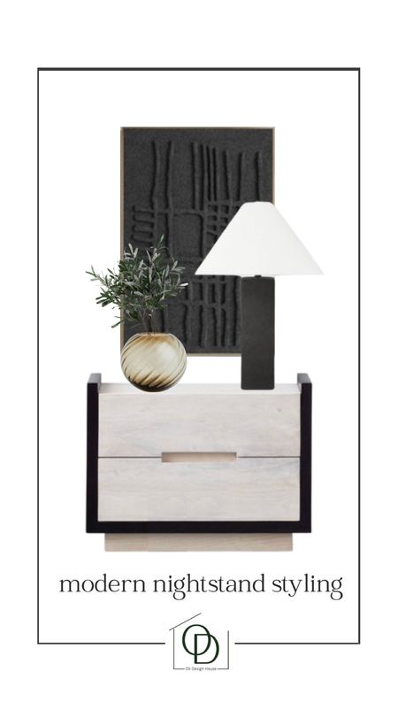 Modern organic nightstand styling

Black and white tall table lamp, black textured wall art, smoked glass round vase, faux olive stems, marble and black nightstand with 2 drawers

#LTKstyletip #LTKFind #LTKhome