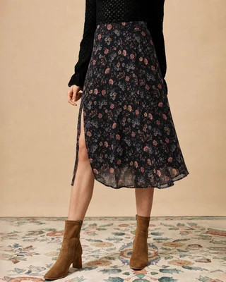 Black Floral Slit Chiffon Midi Skirt | rihoas.com