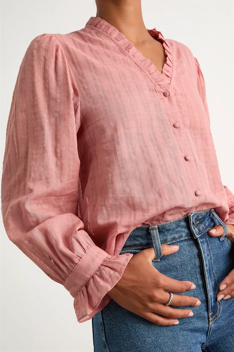 Rocklin Coral Pink Ruffled Button-Front Long Sleeve Top | Lulus