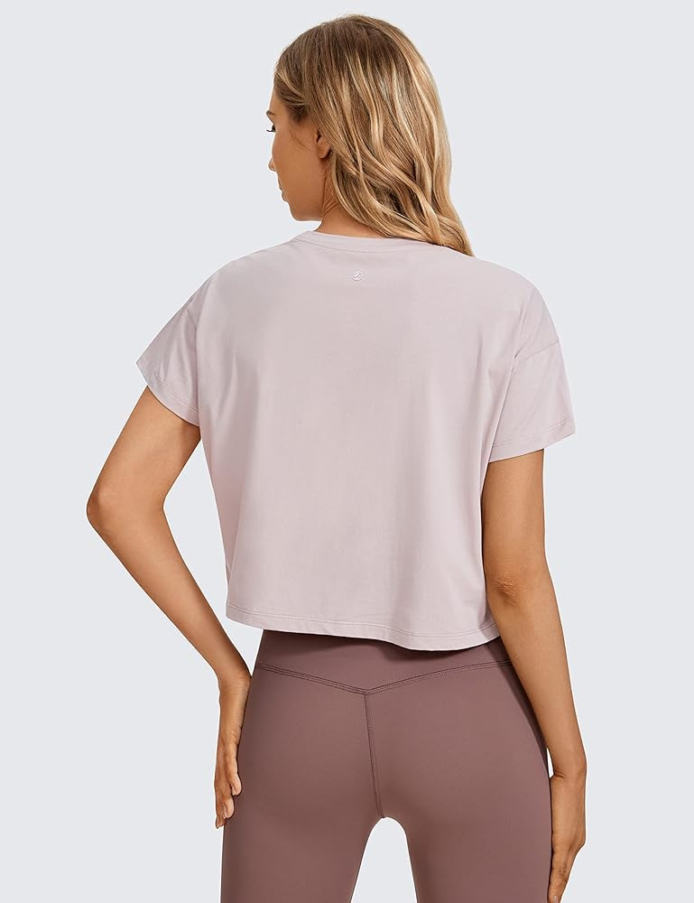 CRZ YOGA Women's Pima Cotton Workout Short Sleeve Shirts Loose Athletic Crop Tops Gym Casual Crop... | Amazon (US)