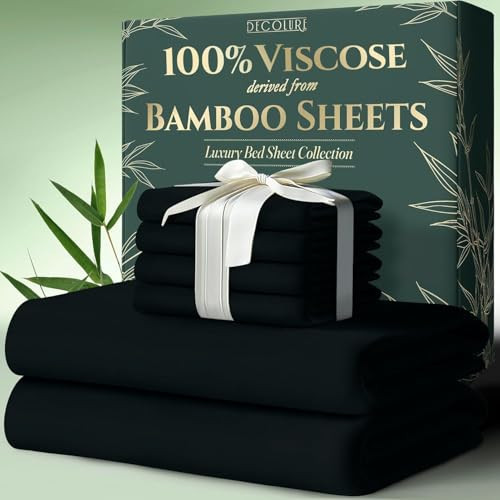DECOLURE 100% Viscose Derived from Bamboo Sheets King Size 6pcs - Ultra Soft & Luxuriously Cooling, 17" Deep Pocket, Double Stitching, Perfect for Hot Sleepers - King Bed Sheets (Black) | Amazon (US)
