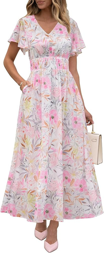 ANRABESS Womens Summer Floral Maxi Dress Casual V Neck Short Sleeve Chiffon Boho Flowy Beach 2026... | Amazon (US)