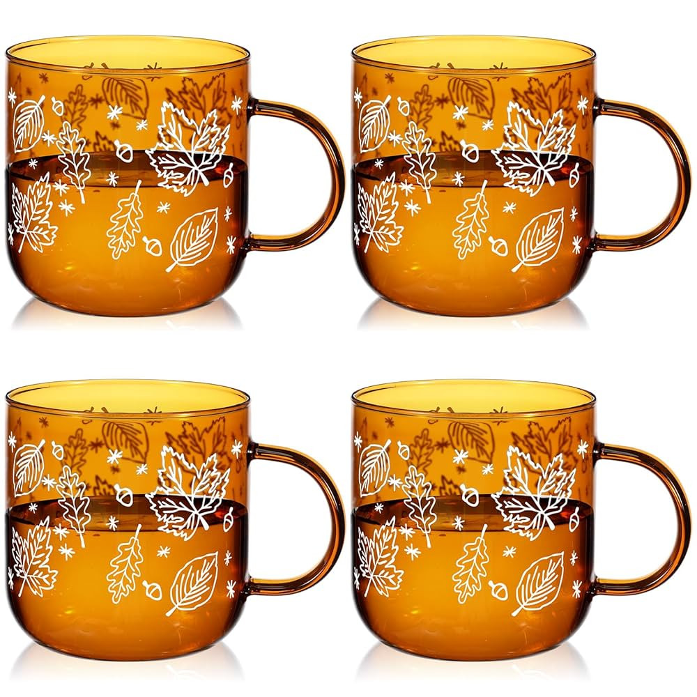Meanplan 4 Pcs Maple Leaf Mugs with Handle 12oz Amber Fall Glass Cups Clear Glass Coffee Mugs Amb... | Amazon (US)