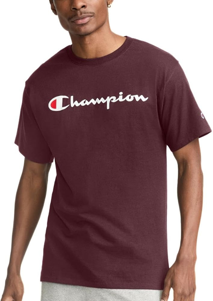 Champion Men's Classic Script Graphic Short Sleeve T-Shirt, Standard Fit, Script Logo, Available ... | Amazon (US)