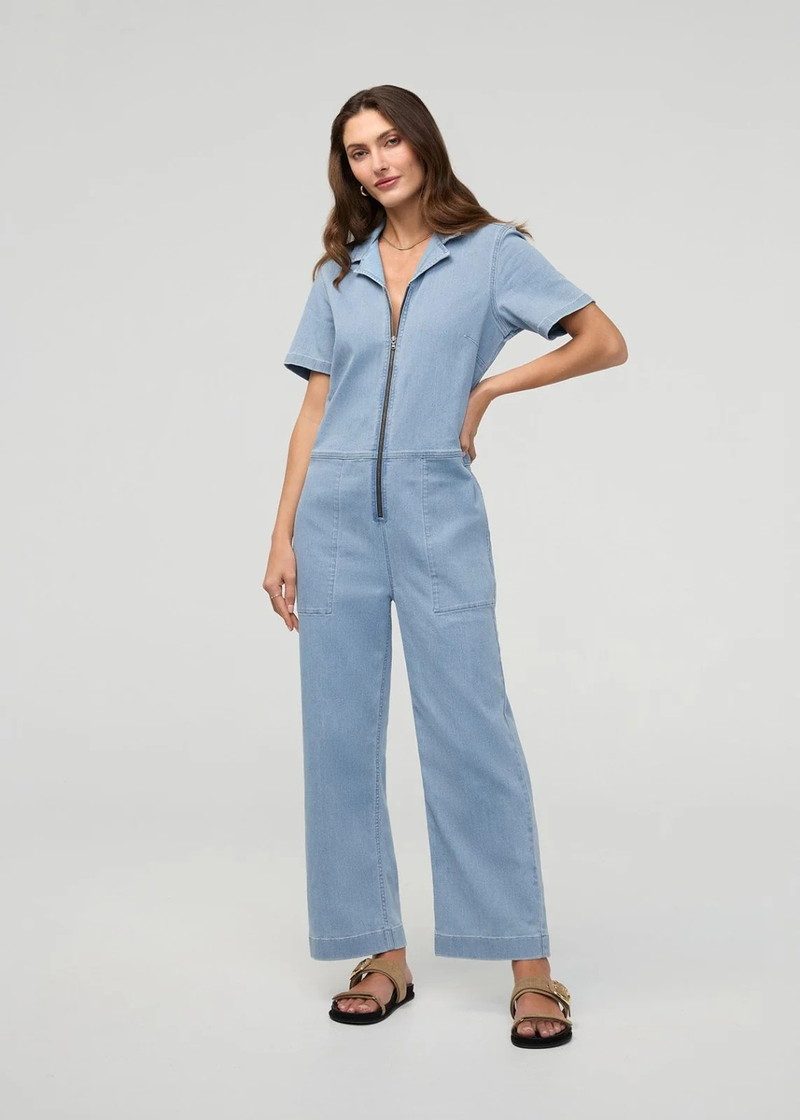 Performance Denim Short Sleeve Jumpsuit - Desert Blue | DUER