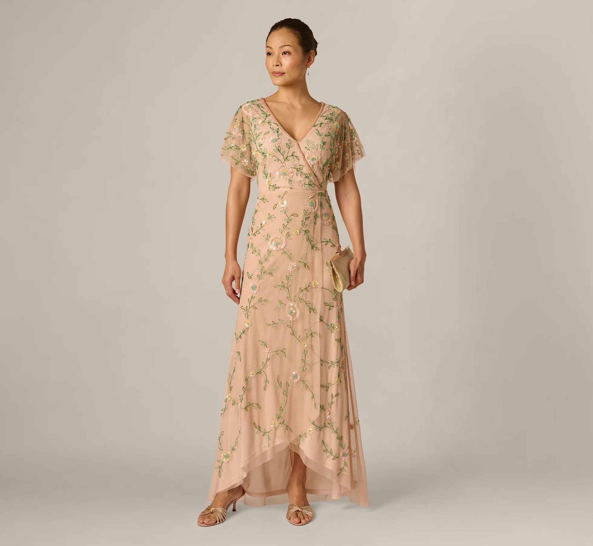 Blush Multi Flutter Sleeve Beaded Wrap Dress - Adrianna Papell | Adrianna Papell