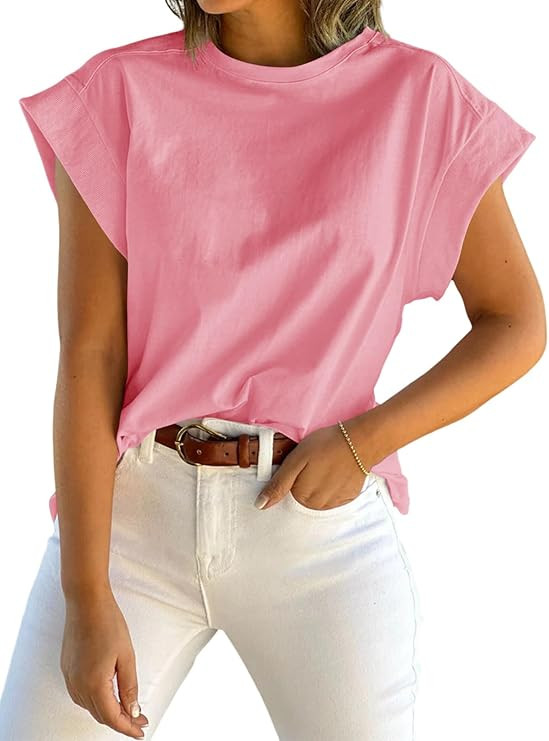 Tankaneo Womens Summer Cap Sleeve Tank Top Crew Neck Solid Casual Loose Fit Basic Tee Shirt | Amazon (US)