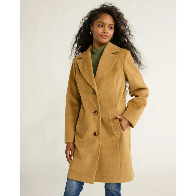 Time and Tru Women's and Women's Plus Faux Wool Solid Button Front Coat, Sizes XS-3X - Walmart.co... | Walmart (US)