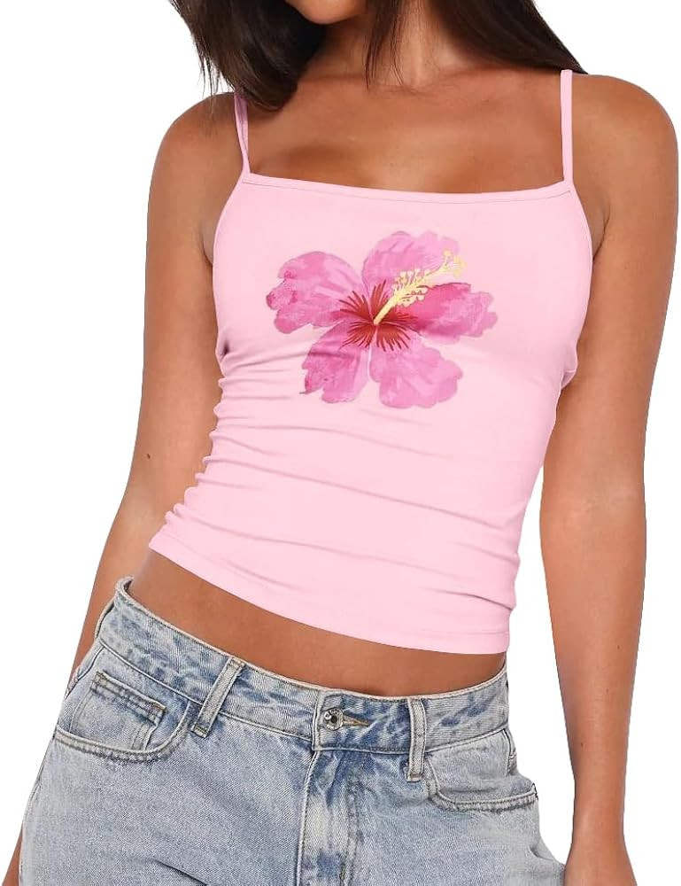 Womens Y2k Summer Flower Graphic Square Neck Crop Cami Shirts Spaghetti Strap Floral Tank Tops Ha... | Amazon (US)