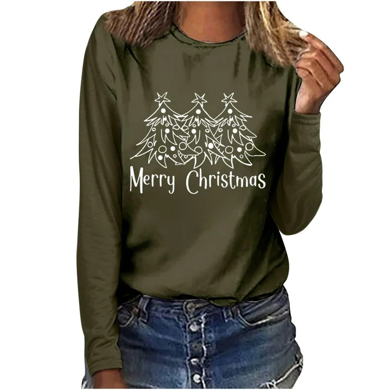 Odeerbi Christmas Tops For Women Long Sleeve Blouses MERRY CHRISTMAS Tree Floral Print 2025 Casua... | Walmart (US)