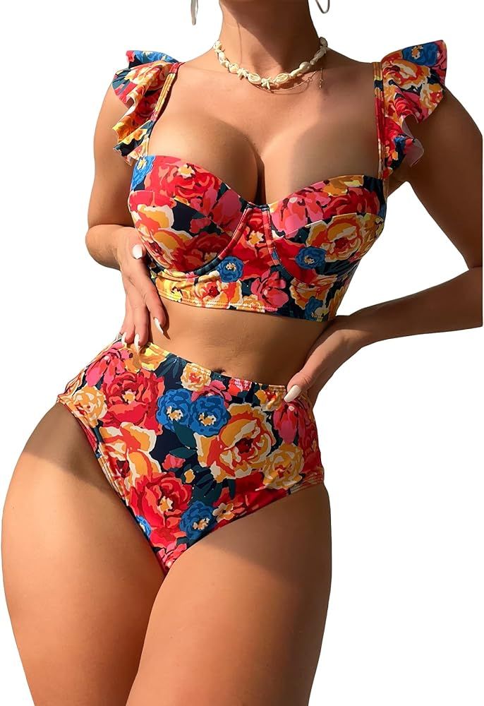 WDIRARA Women's Floral Print Ruffle Trim Cut Out Criss Cross Bikini Swimsuit Two Piece Bathing Su... | Amazon (US)