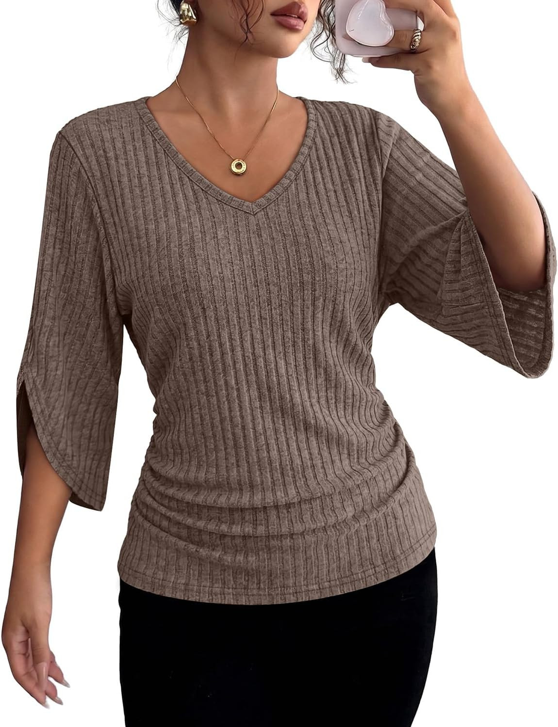 WIHOLL Womens Tops Dressy Casual 3/4 Length Sleeve V Neck Fall Fashion 2026 | Amazon (US)