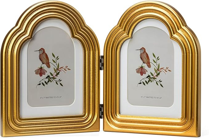 Double 5x7 Hinged Arch Picture Frame Curved Wavy Edge Vertical Folding Photo Frame Wood with Real... | Amazon (US)