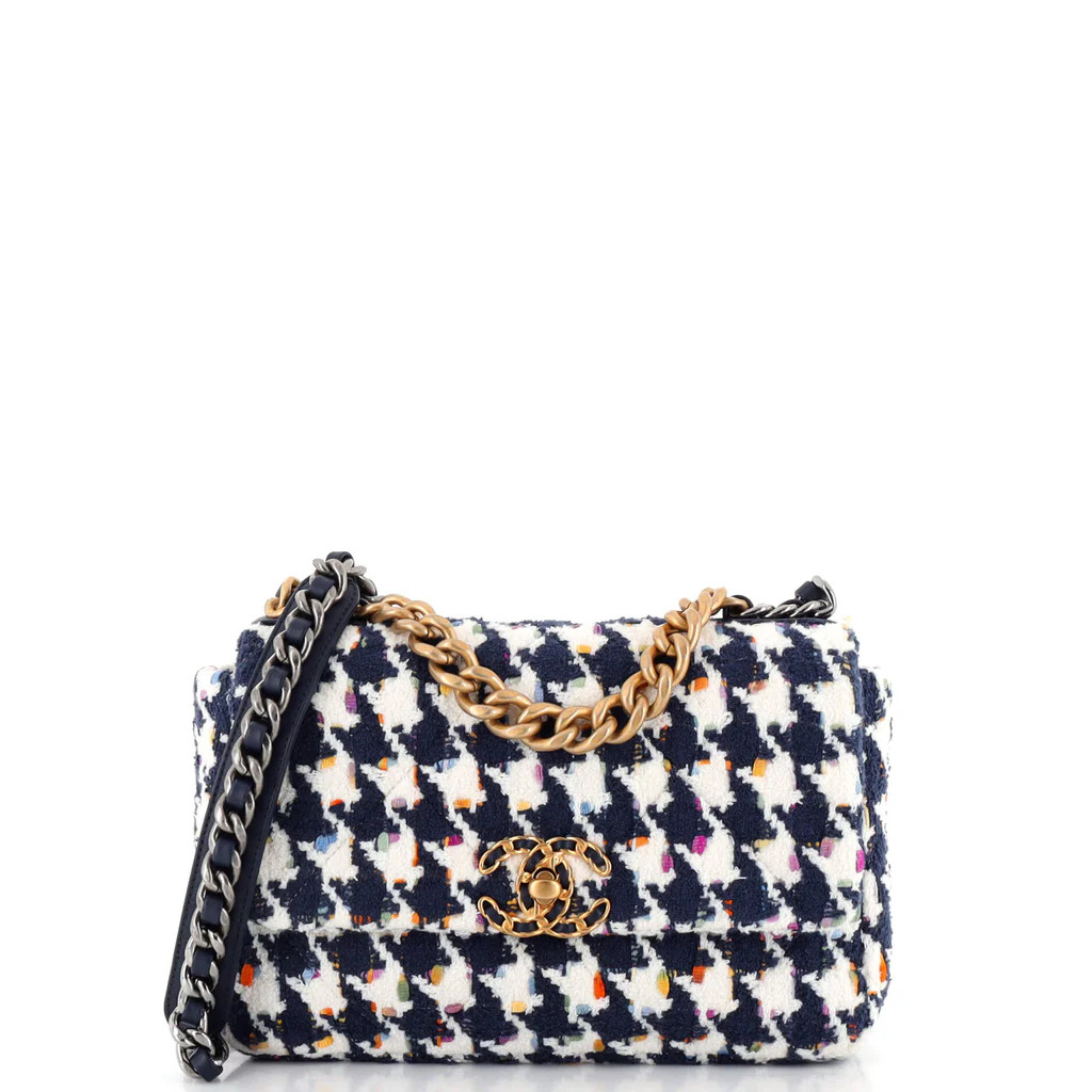 Chanel 19 Flap Bag Quilted Houndstooth Tweed and Ribbon Medium Blue 2701745 | Rebag